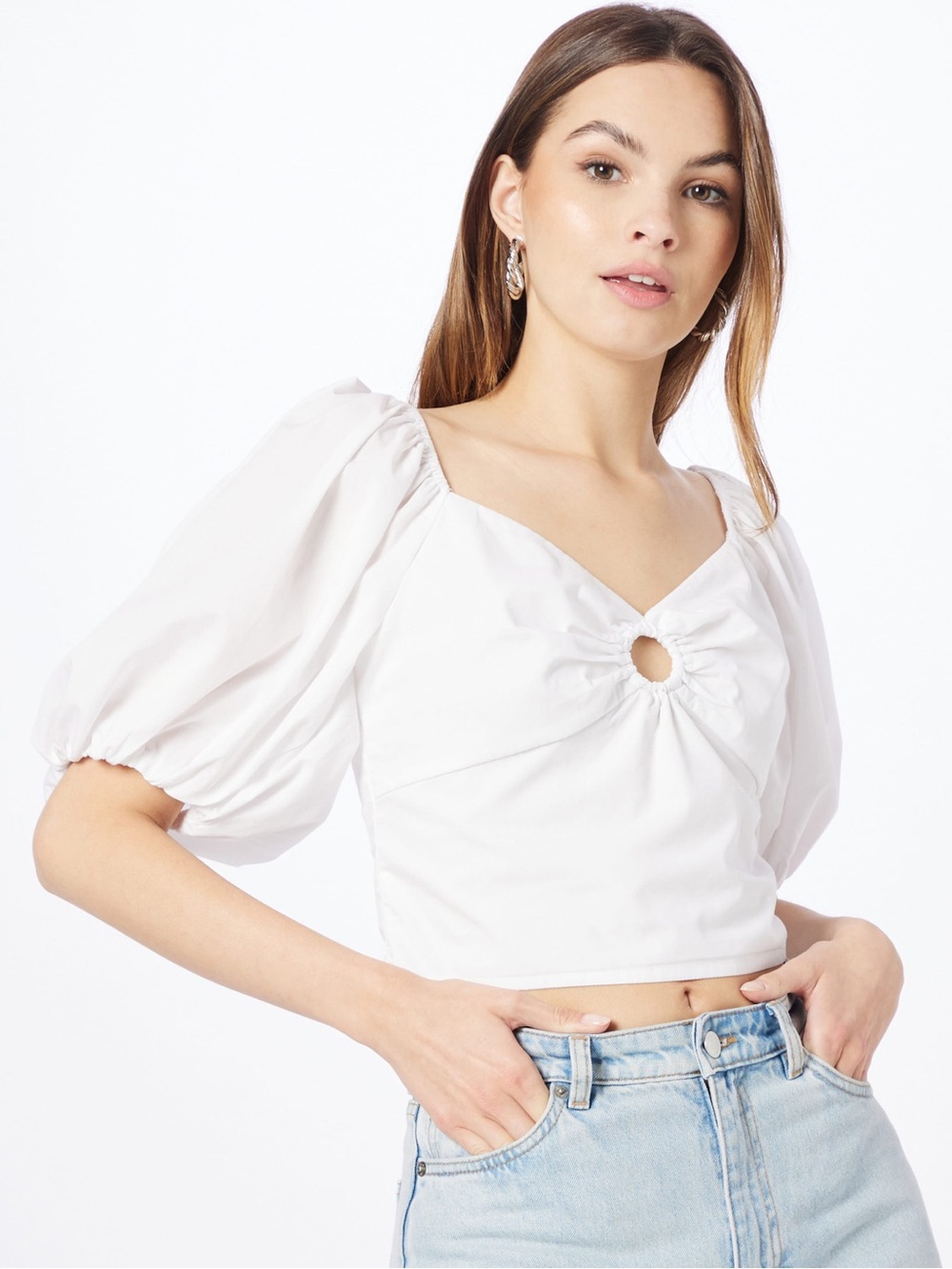 Abercrombie & Fitch White Poplin Puff Sleeve O Ring Ruched Cutout Crop Top M